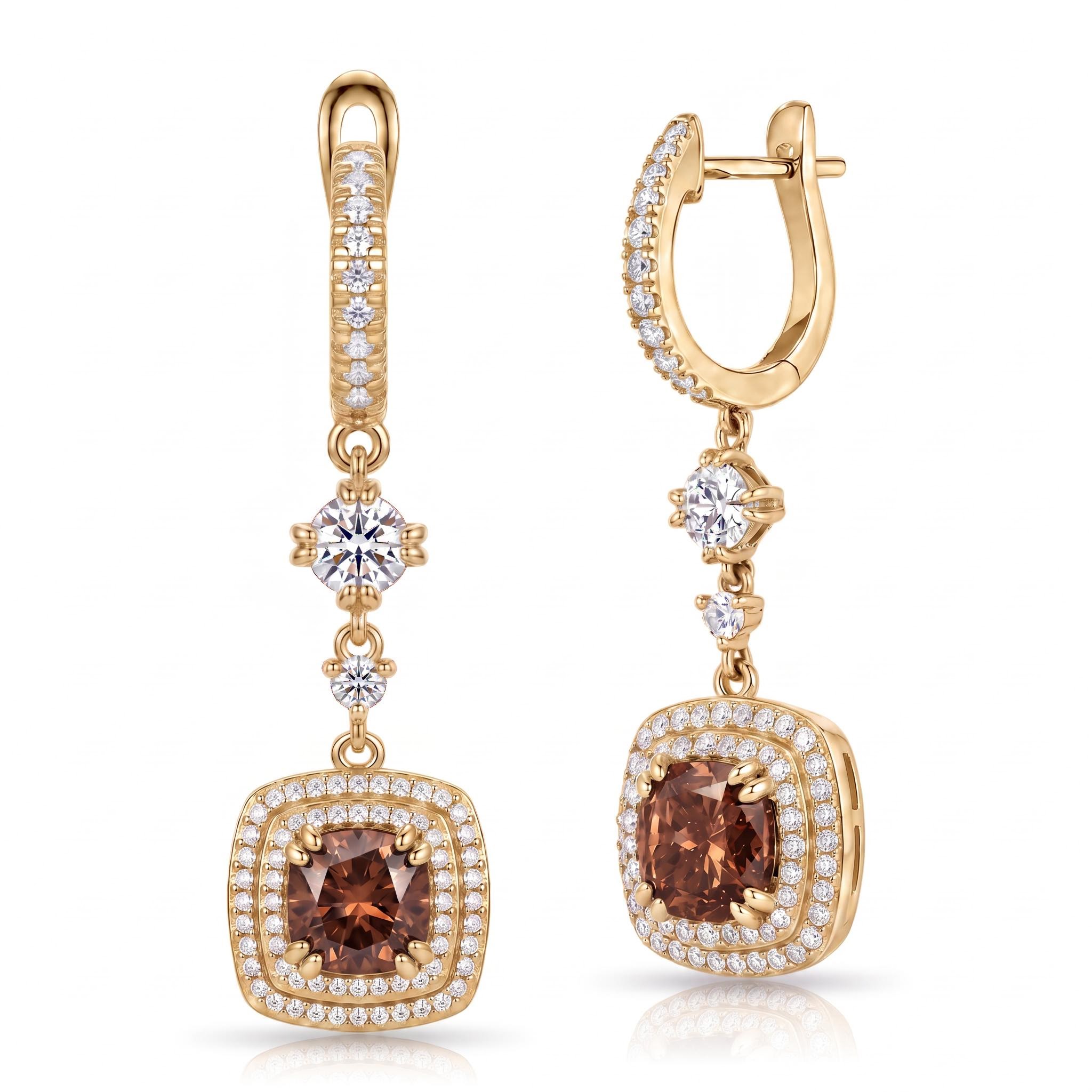 4.97 ct.tw. Pavé Halo Cushion Cut Coffee Chocolate Stone Drop Earrings 4.97 ct.tw. Pavé Halo Cushion Cut Coffee Chocolate Stone Drop Earrings