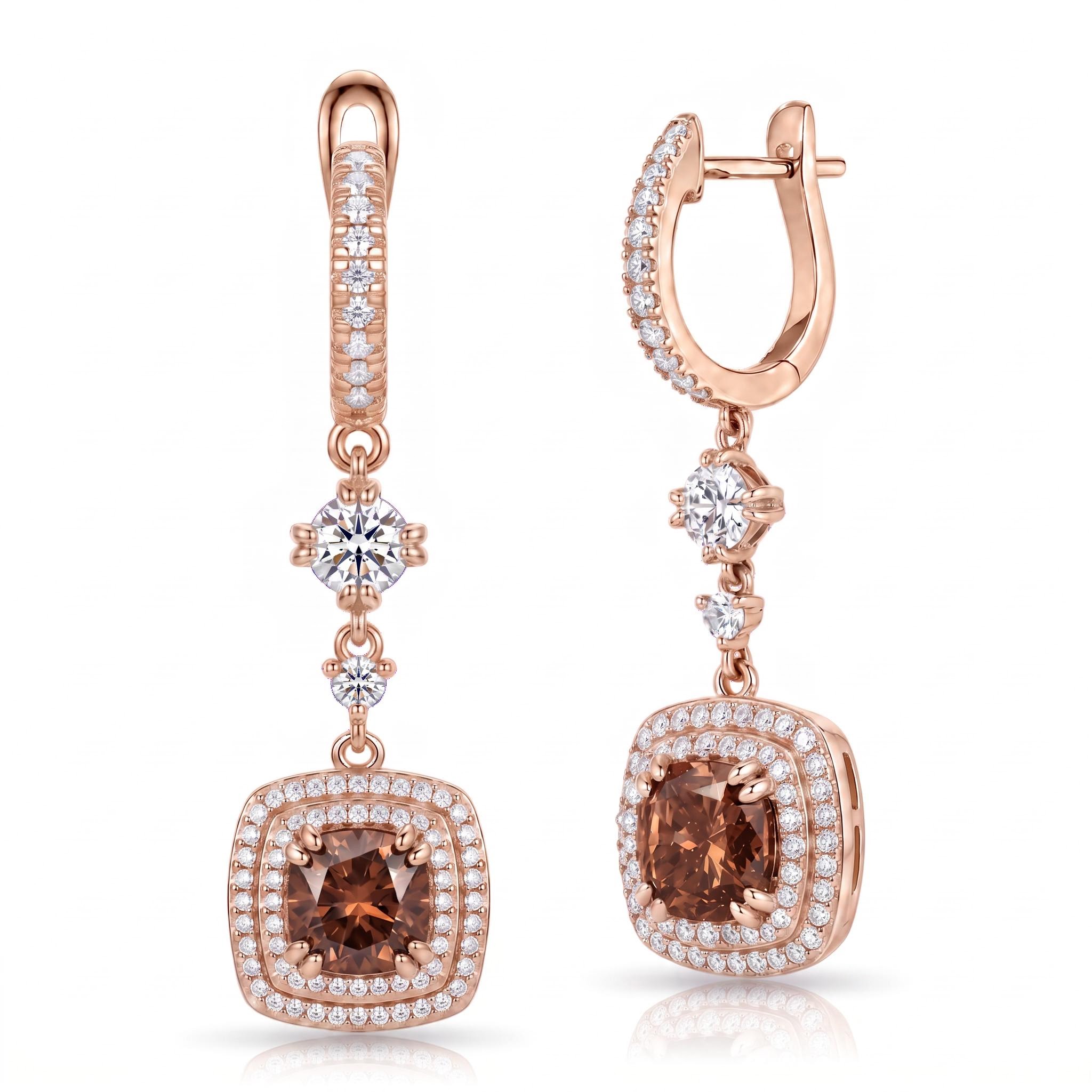 4.97 ct.tw. Pavé Halo Cushion Cut Coffee Chocolate Stone Drop Earrings 4.97 ct.tw. Pavé Halo Cushion Cut Coffee Chocolate Stone Drop Earrings