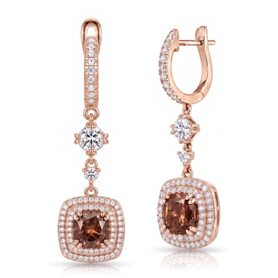 4.97 ct.tw. Pavé Halo Cushion Cut Coffee Chocolate Stone Drop Earrings