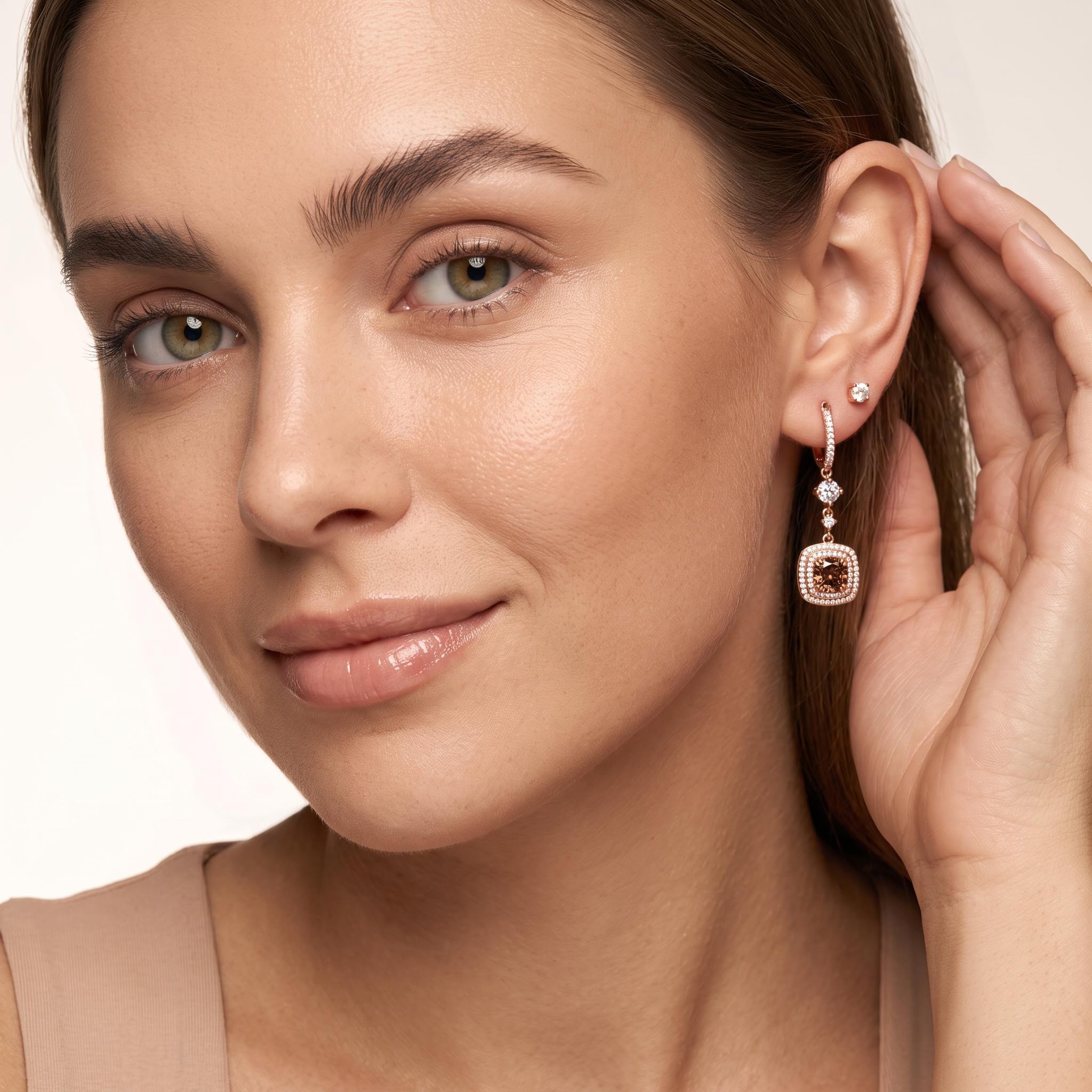 4.97 ct.tw. Pavé Halo Cushion Cut Coffee Chocolate Stone Drop Earrings 4.97 ct.tw. Pavé Halo Cushion Cut Coffee Chocolate Stone Drop Earrings