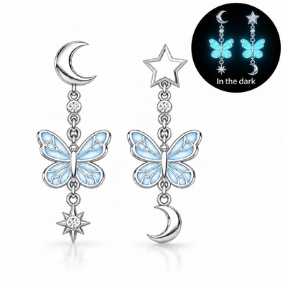 Asymmetrical Star & Moon Glow-in-the-dark Blue Butterfly Drop Earrings