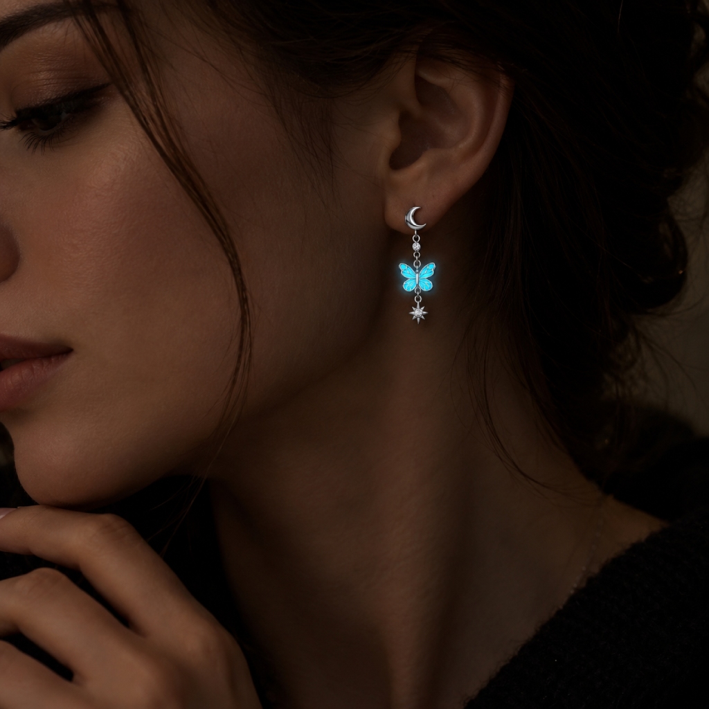Asymmetrical Star & Moon Glow-in-the-dark Blue Butterfly Drop Earrings Asymmetrical Star & Moon Glow-in-the-dark Blue Butterfly Drop Earrings