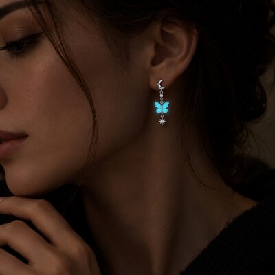 Asymmetrical Star & Moon Glow-in-the-dark Blue Butterfly Drop Earrings