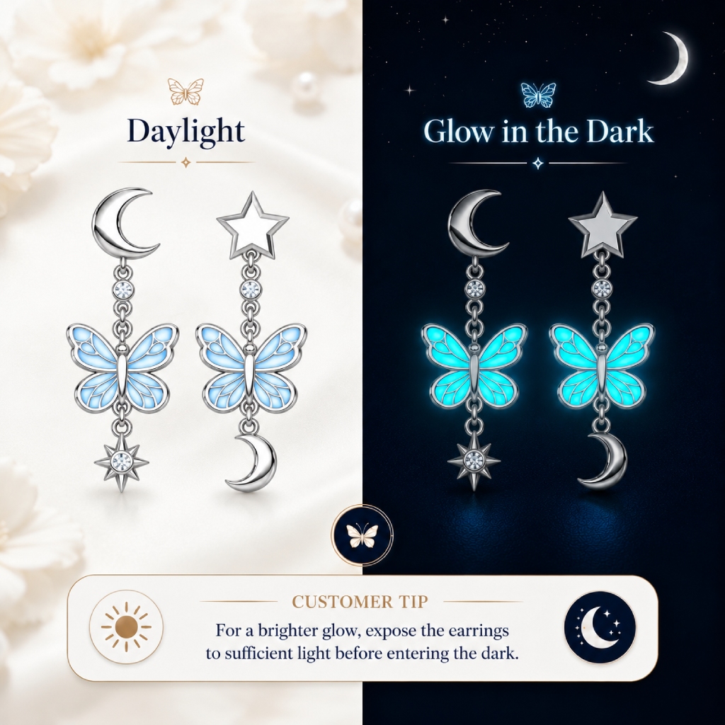 Asymmetrical Star & Moon Glow-in-the-dark Blue Butterfly Drop Earrings Asymmetrical Star & Moon Glow-in-the-dark Blue Butterfly Drop Earrings