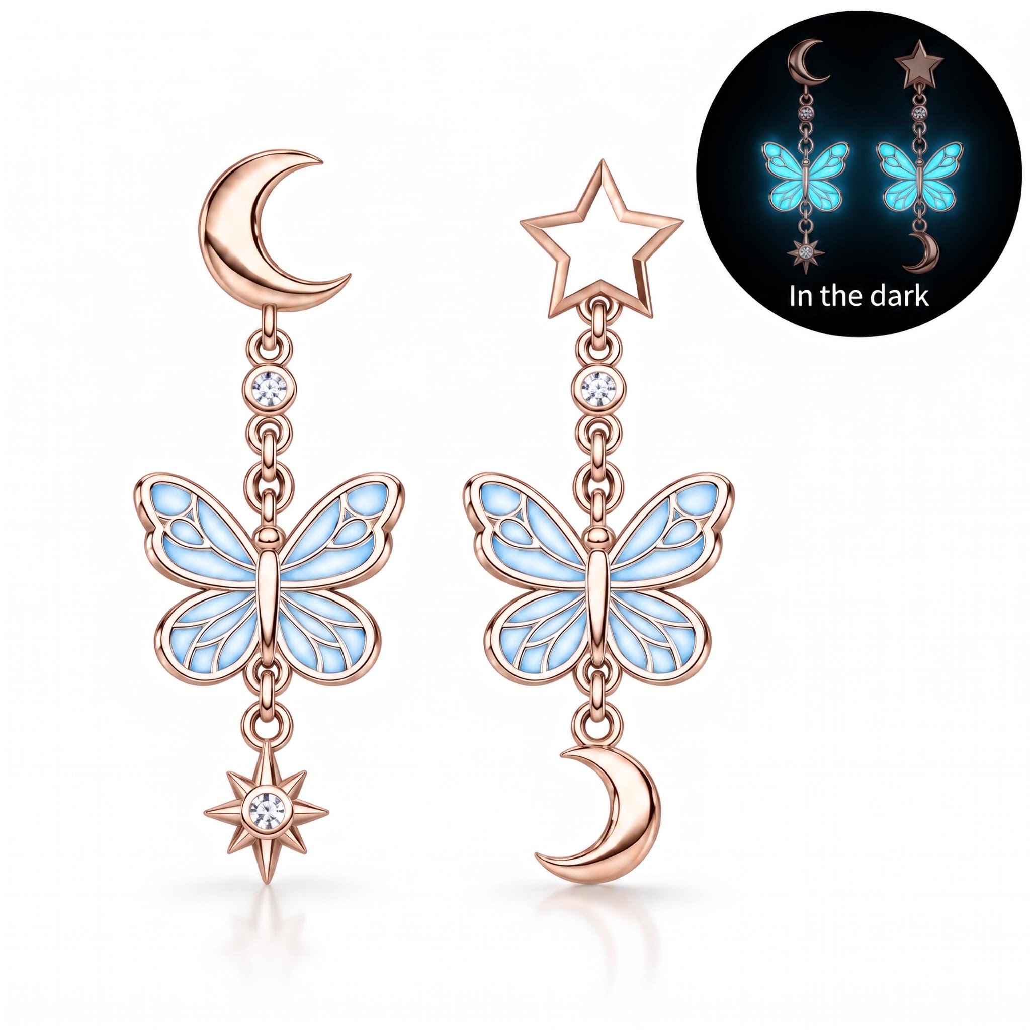 Asymmetrical Star & Moon Glow-in-the-dark Blue Butterfly Drop Earrings Asymmetrical Star & Moon Glow-in-the-dark Blue Butterfly Drop Earrings