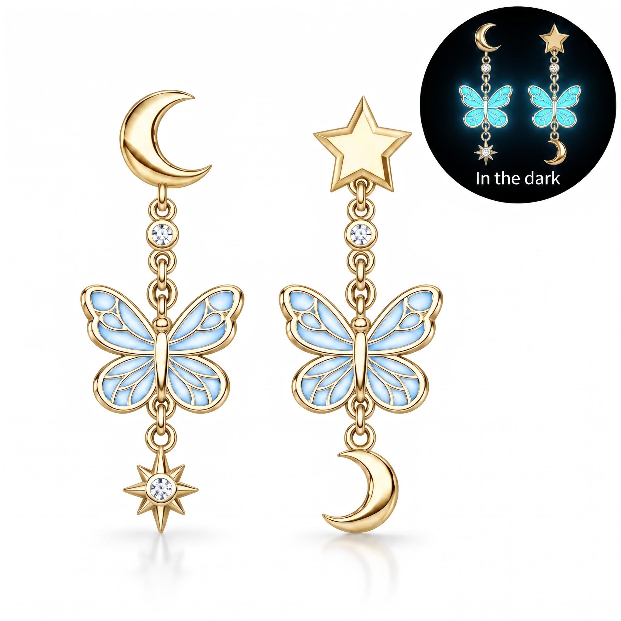 Asymmetrical Star & Moon Glow-in-the-dark Blue Butterfly Drop Earrings Asymmetrical Star & Moon Glow-in-the-dark Blue Butterfly Drop Earrings