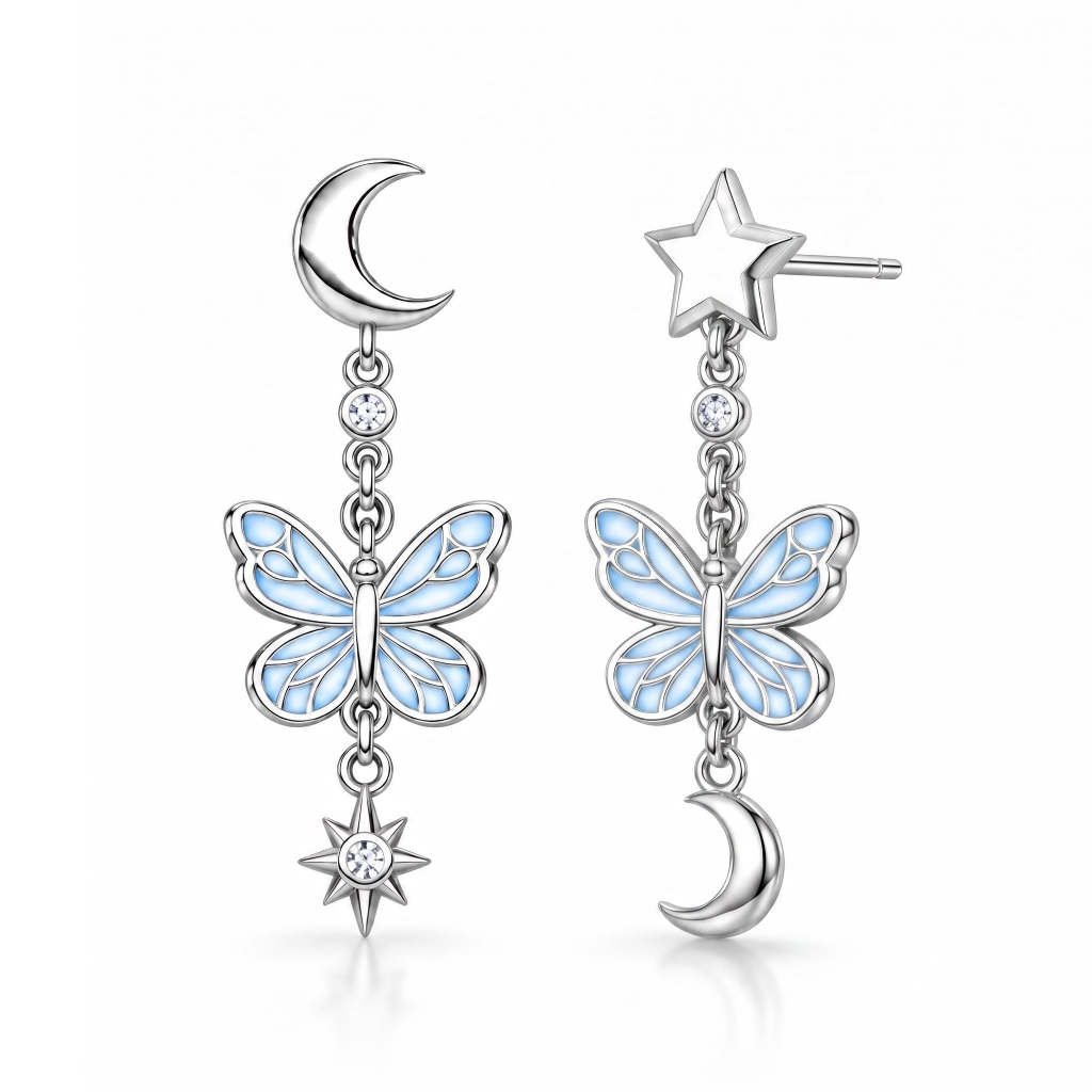 Asymmetrical Star & Moon Glow-in-the-dark Blue Butterfly Drop Earrings Asymmetrical Star & Moon Glow-in-the-dark Blue Butterfly Drop Earrings