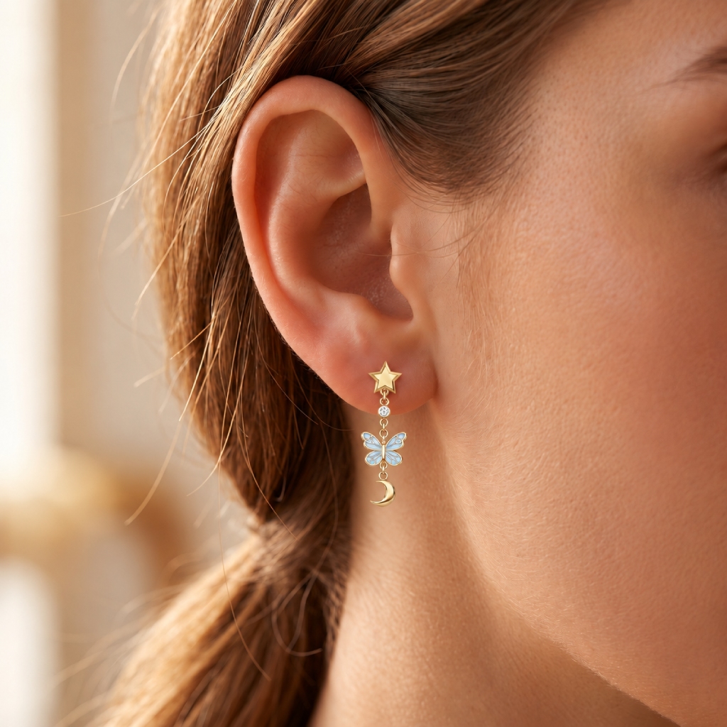 Asymmetrical Star & Moon Glow-in-the-dark Blue Butterfly Drop Earrings Asymmetrical Star & Moon Glow-in-the-dark Blue Butterfly Drop Earrings