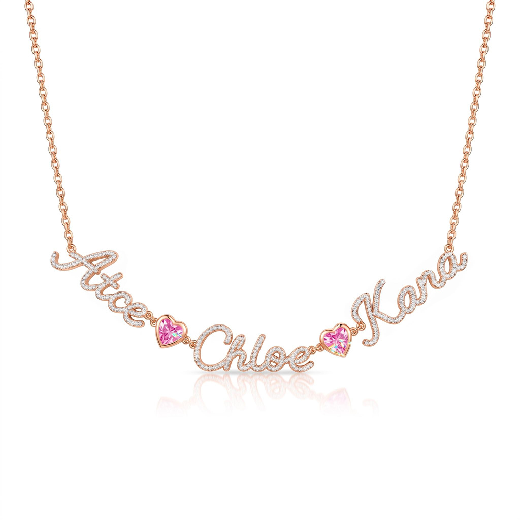 3.3 ct.tw. Personalized Pave 3 Name Pink Heart Necklace 3.3 ct.tw. Personalized Pave 3 Name Pink Heart Necklace