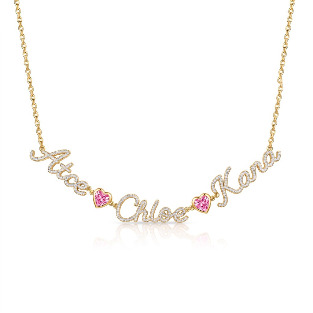 3.3 ct.tw. Personalized Pave 3 Name Pink Heart Necklace 3.3 ct.tw. Personalized Pave 3 Name Pink Heart Necklace