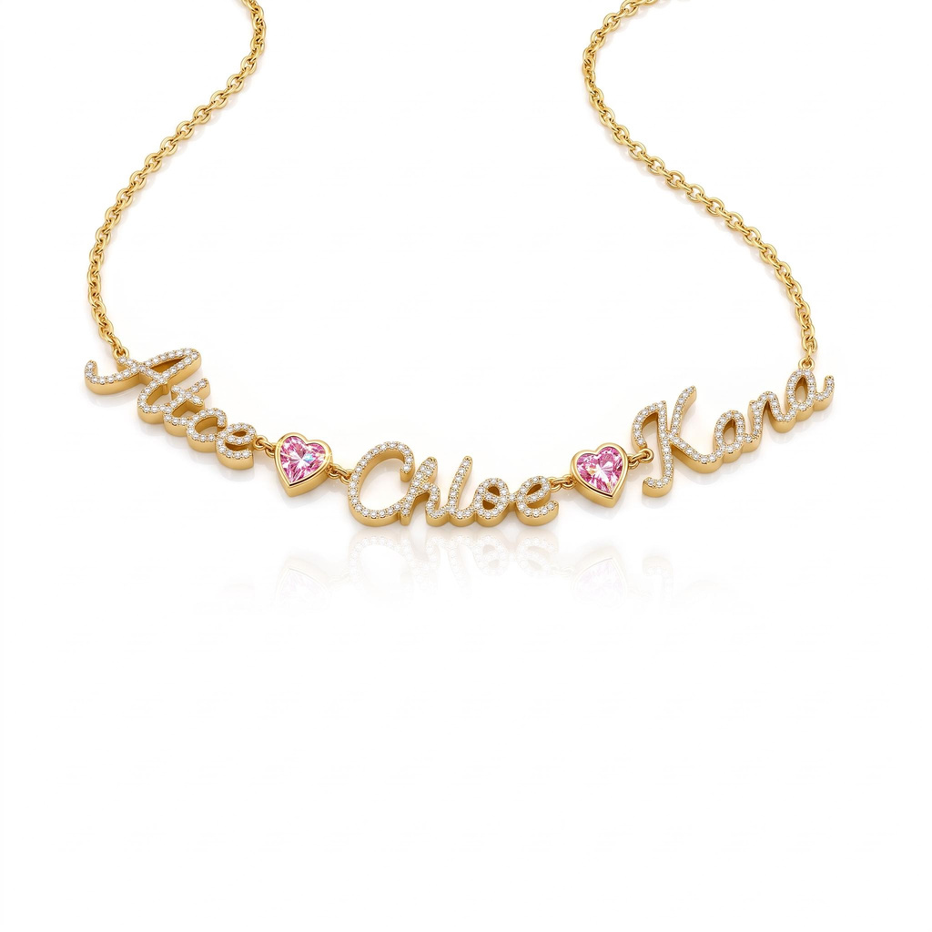 3.3 ct.tw. Personalized Pave 3 Name Pink Heart Necklace 3.3 ct.tw. Personalized Pave 3 Name Pink Heart Necklace