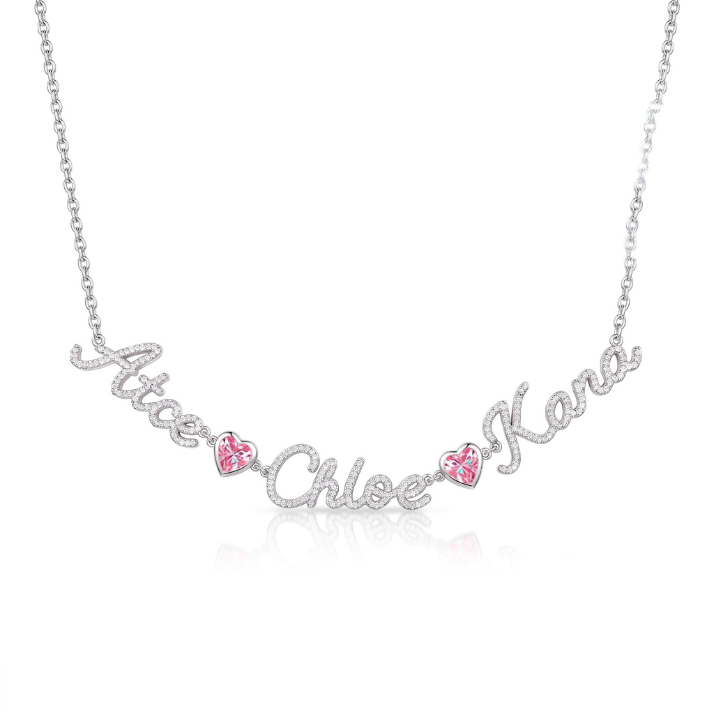 3.3 ct.tw. Personalized Pave 3 Name Pink Heart Necklace 3.3 ct.tw. Personalized Pave 3 Name Pink Heart Necklace