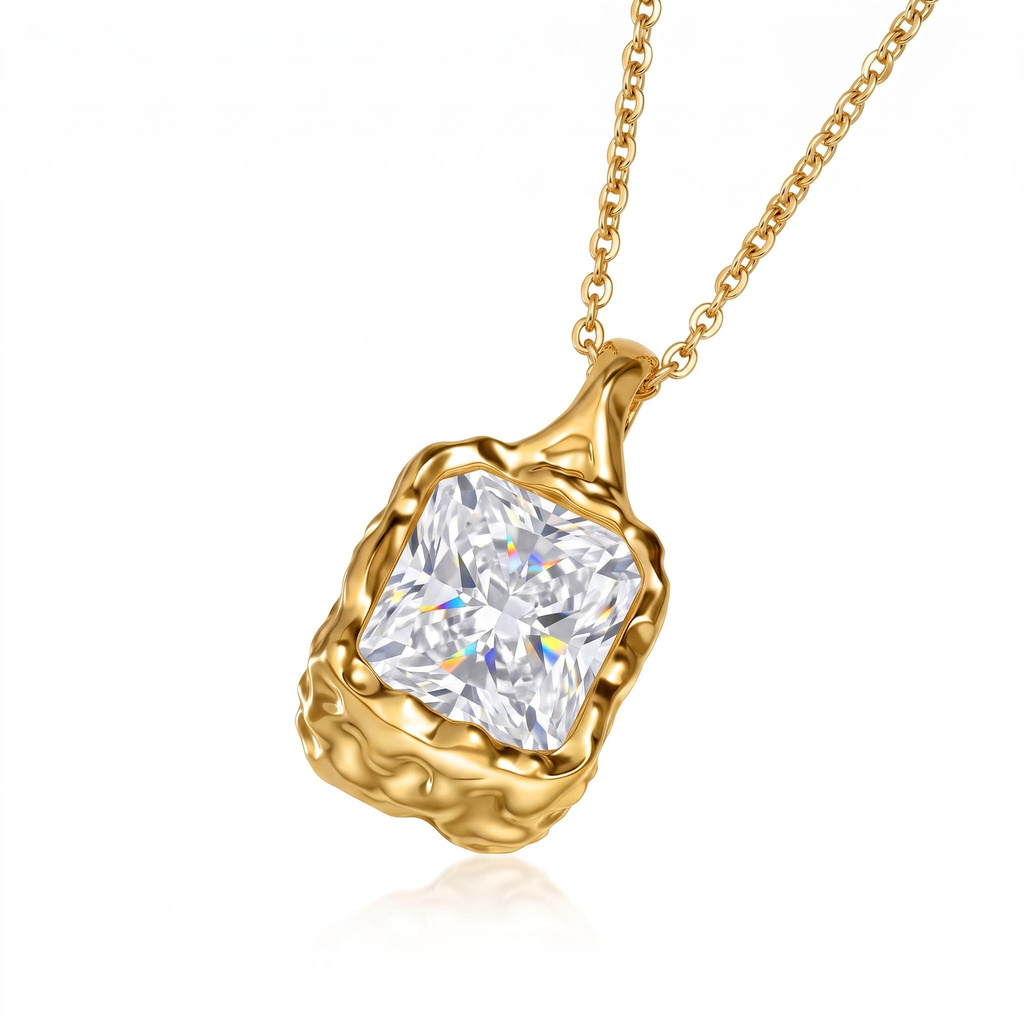 4ct.tw. Vintage Hammered Bezel-Set Elongated Radiant Cut Pendant Necklace 4ct.tw. Vintage Hammered Bezel-Set Elongated Radiant Cut Pendant Necklace