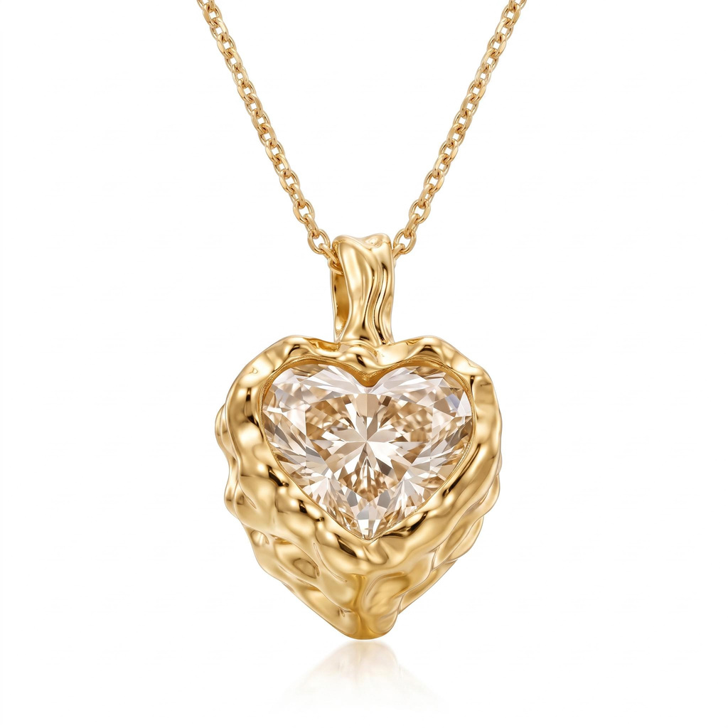 2 ct.tw. Vintage Hammered Bezel-Set Heart Pendant Necklace with an Integrated Irregular Bail 2 ct.tw. Vintage Hammered Bezel-Set Heart Pendant Necklace with an Integrated Irregular Bail