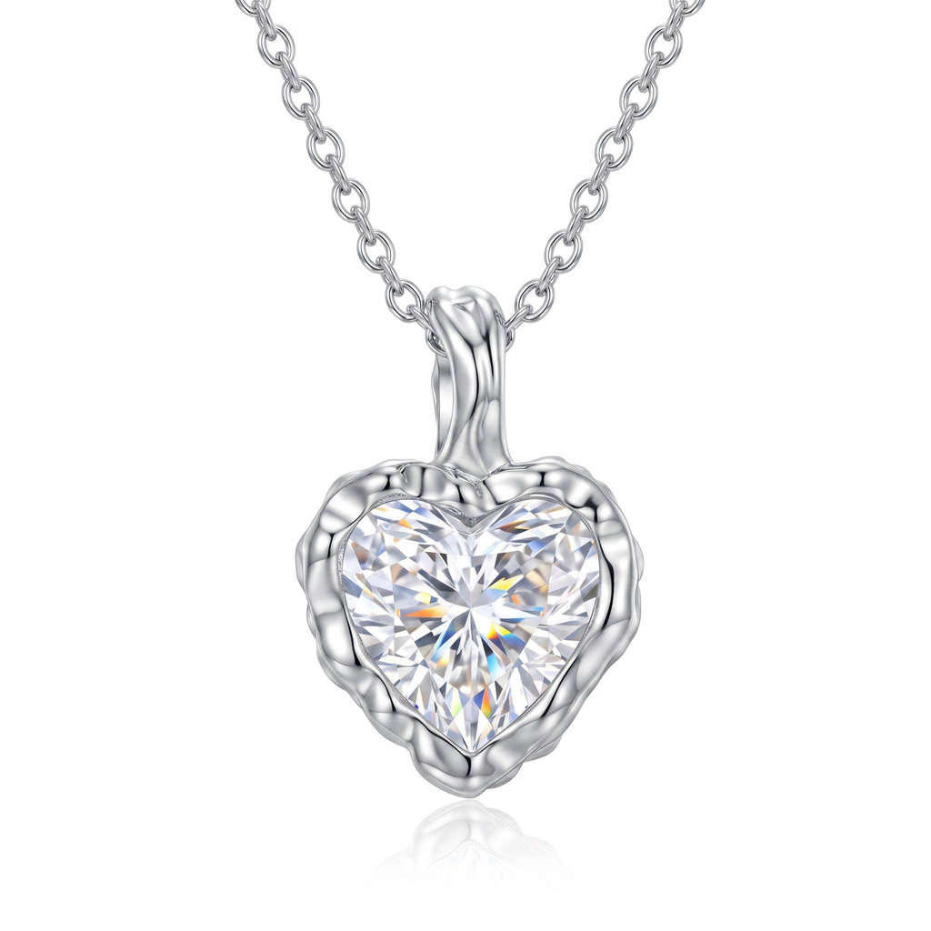2 ct.tw. Vintage Hammered Bezel-Set Heart Pendant Necklace with an Integrated Irregular Bail 2 ct.tw. Vintage Hammered Bezel-Set Heart Pendant Necklace with an Integrated Irregular Bail