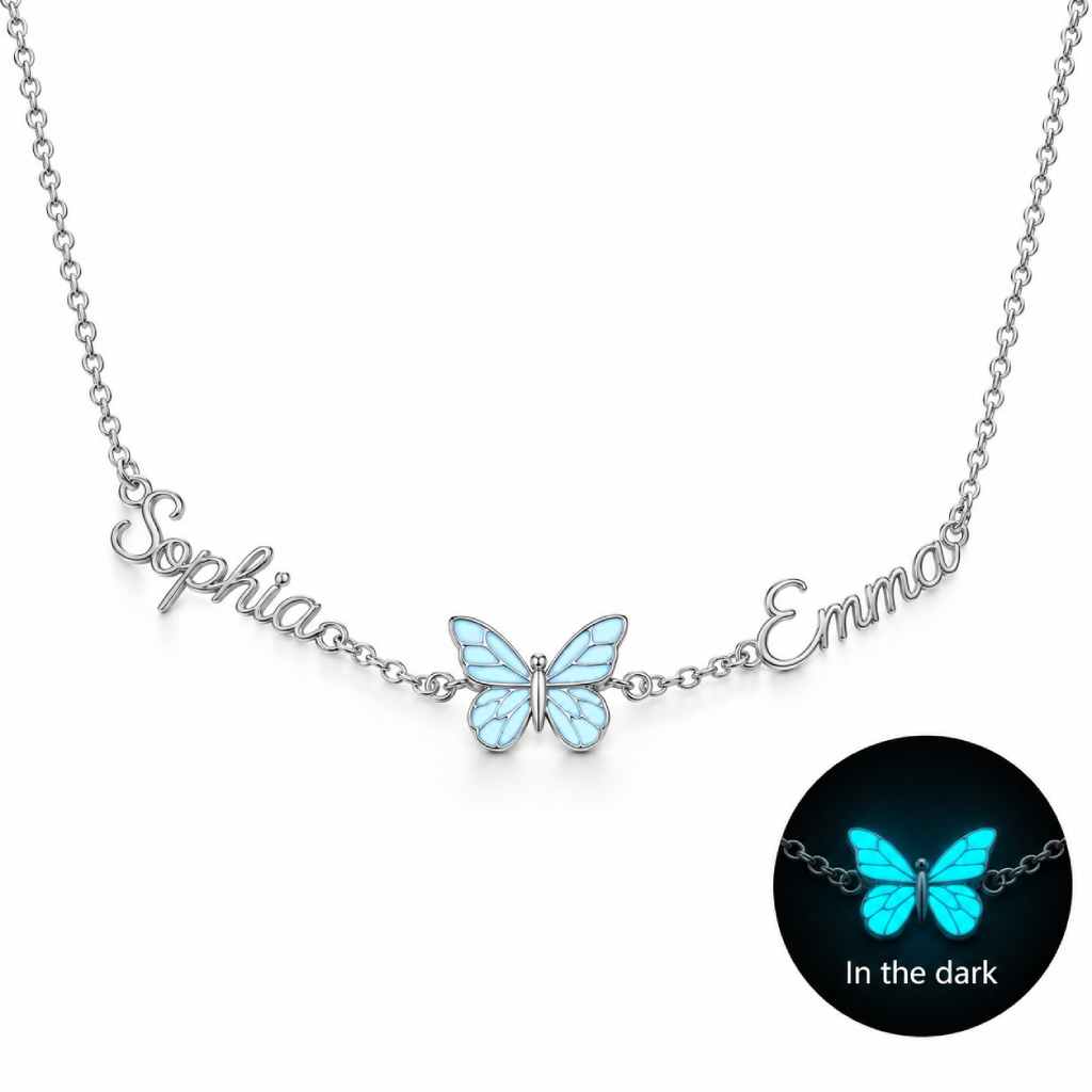 Personalized Dual Name Blue Glow-in-Dark Butterfly Necklace Personalized Dual Name Blue Glow-in-Dark Butterfly Necklace