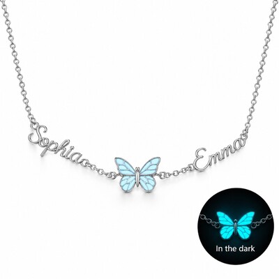 Personalized Dual Name Blue Glow-in-Dark Butterfly Necklace