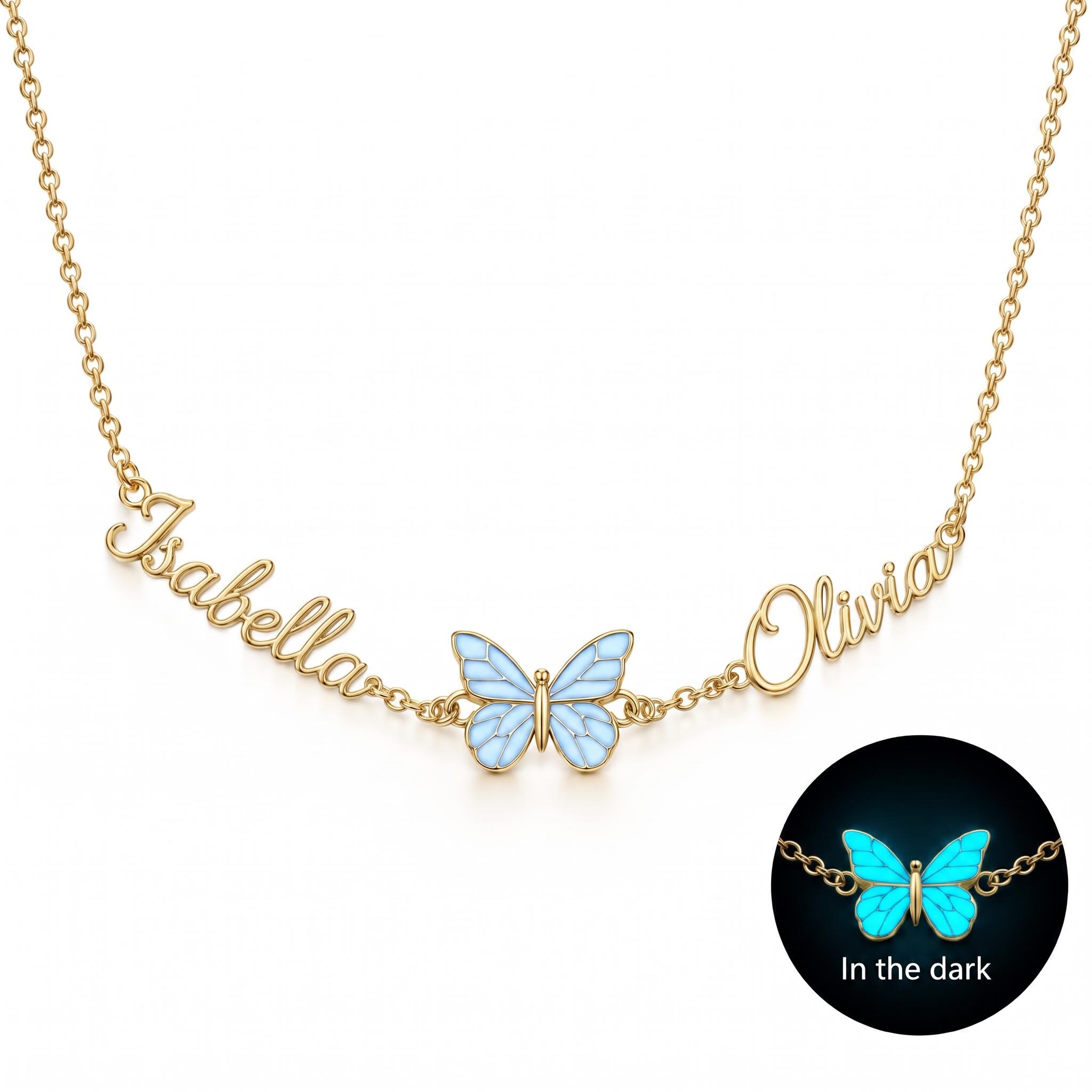 Personalized Dual Name Blue Glow-in-Dark Butterfly Necklace Personalized Dual Name Blue Glow-in-Dark Butterfly Necklace