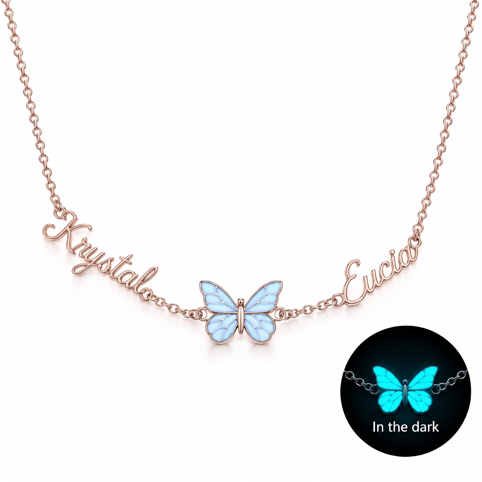Personalized Dual Name Blue Glow-in-Dark Butterfly Necklace Personalized Dual Name Blue Glow-in-Dark Butterfly Necklace
