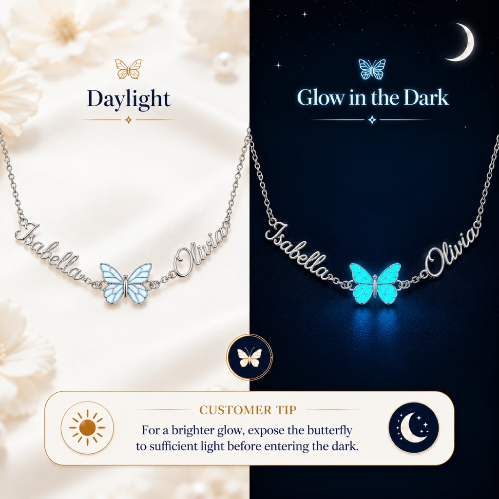 Personalized Dual Name Blue Glow-in-Dark Butterfly Necklace Personalized Dual Name Blue Glow-in-Dark Butterfly Necklace