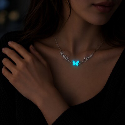 Personalized Dual Name Blue Glow-in-Dark Butterfly Necklace