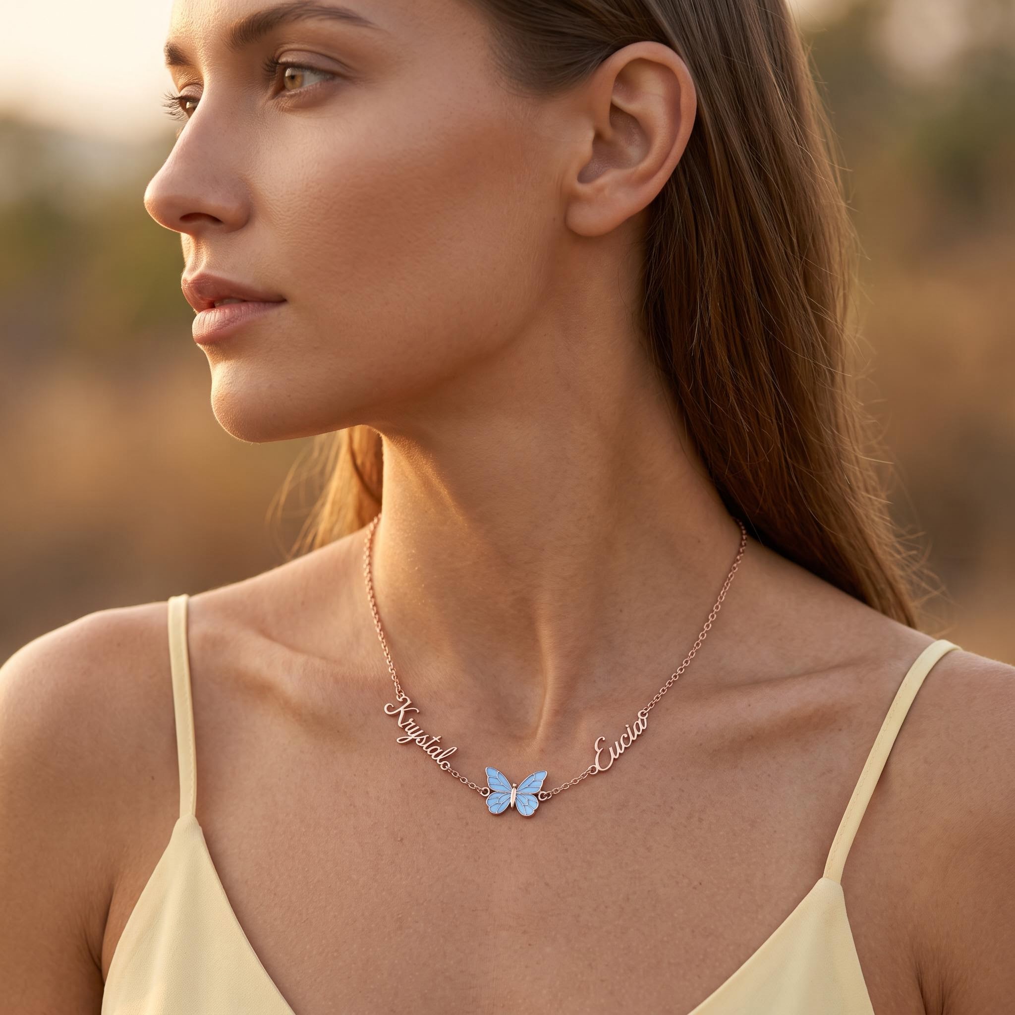 Personalized Dual Name Blue Glow-in-Dark Butterfly Necklace Personalized Dual Name Blue Glow-in-Dark Butterfly Necklace