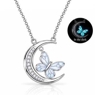 Blue Glow-in-the-dark Butterfly Pave Crescent Moon Pendant