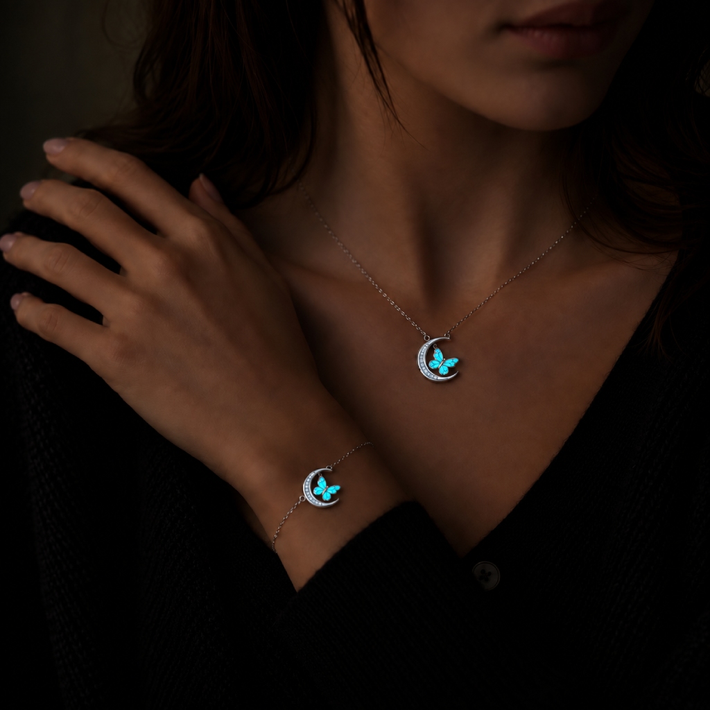 Blue Glow-in-the-dark Butterfly Pave Crescent Moon Pendant Blue Glow-in-the-dark Butterfly Pave Crescent Moon Pendant