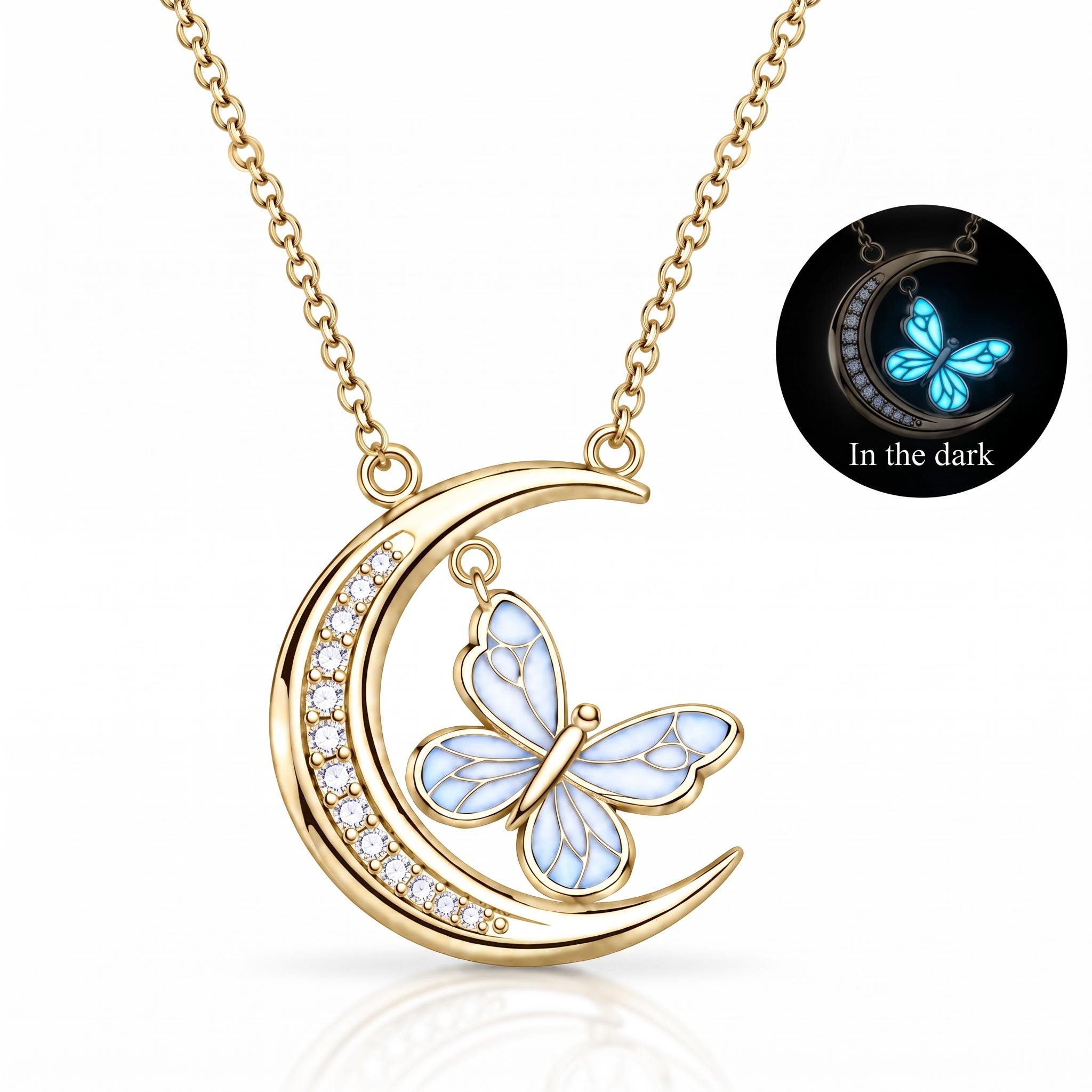 Blue Glow-in-the-dark Butterfly Pave Crescent Moon Pendant Blue Glow-in-the-dark Butterfly Pave Crescent Moon Pendant
