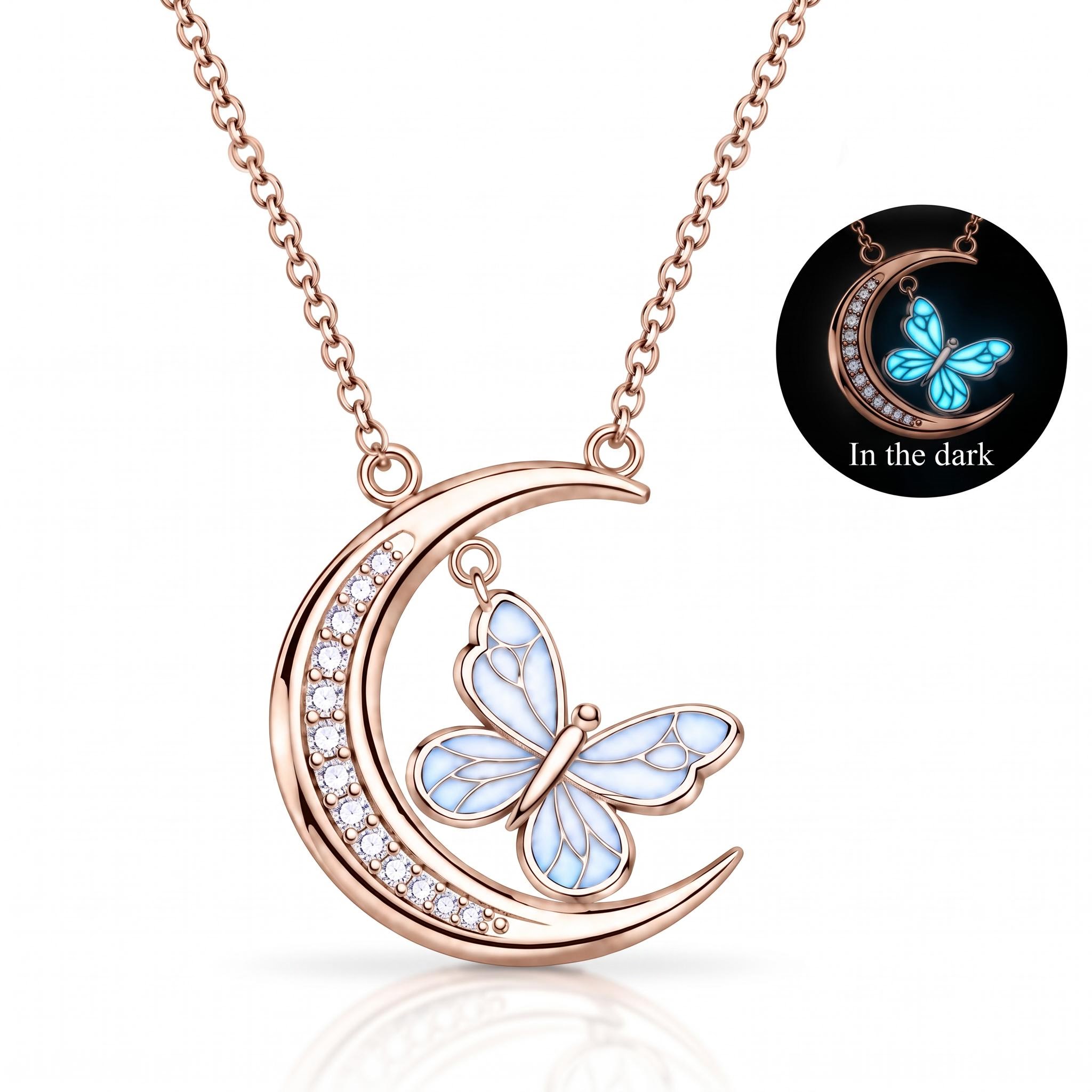 Blue Glow-in-the-dark Butterfly Pave Crescent Moon Pendant Blue Glow-in-the-dark Butterfly Pave Crescent Moon Pendant