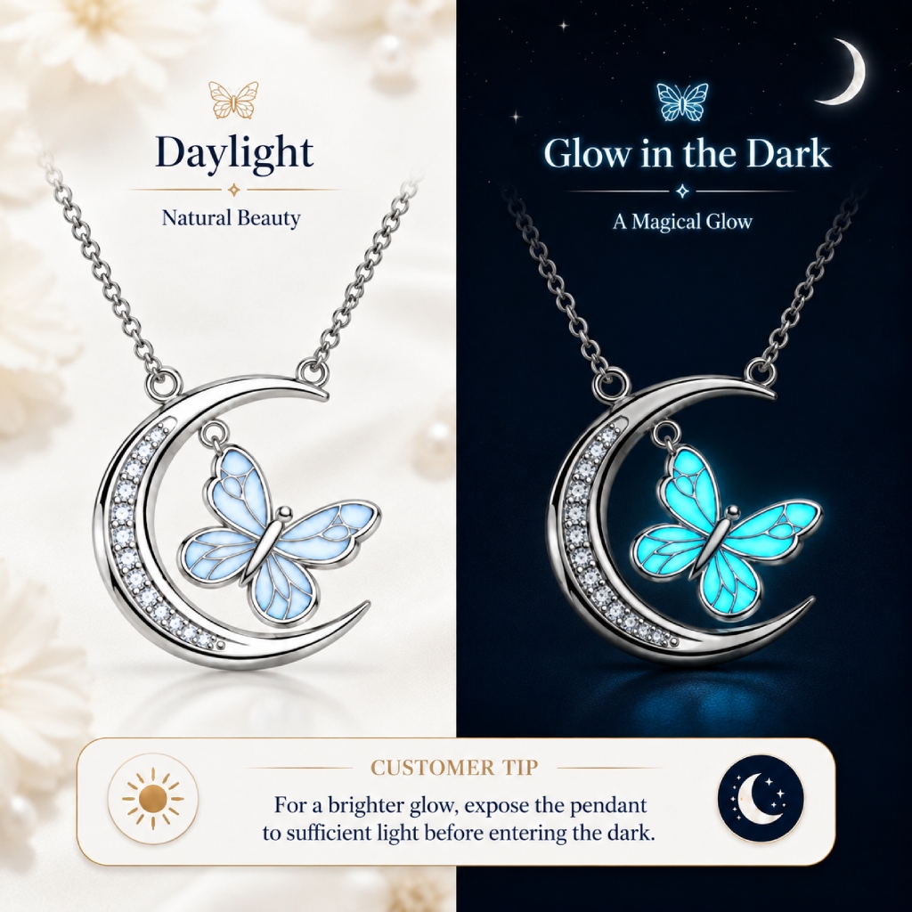 Blue Glow-in-the-dark Butterfly Pave Crescent Moon Pendant Blue Glow-in-the-dark Butterfly Pave Crescent Moon Pendant
