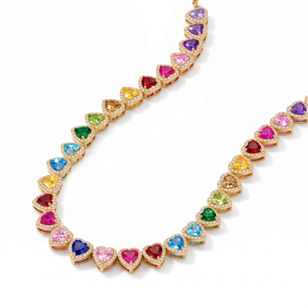 19.14 ct.tw. Rainbow Multi-Color Heart Cut Halo Tennis Necklace 19.14 ct.tw. Rainbow Multi-Color Heart Cut Halo Tennis Necklace