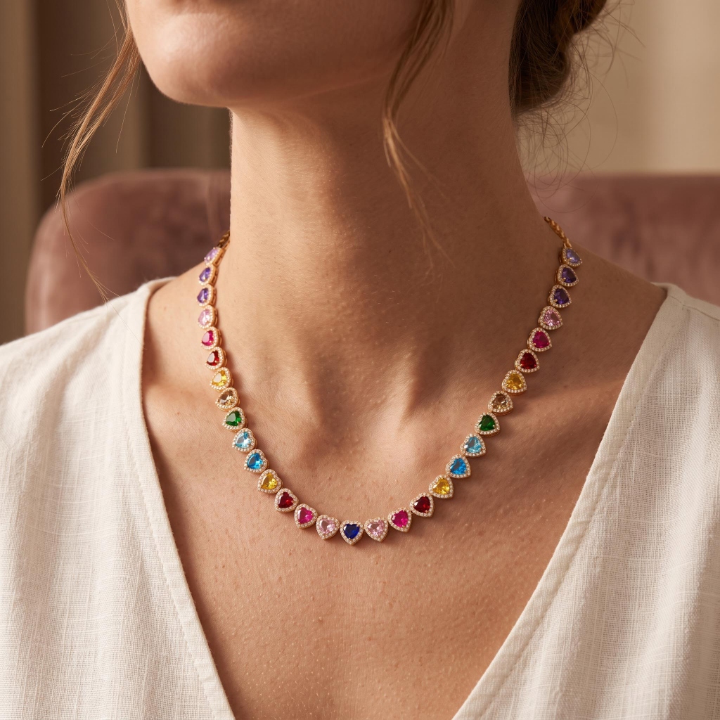19.14 ct.tw. Rainbow Multi-Color Heart Cut Halo Tennis Necklace 19.14 ct.tw. Rainbow Multi-Color Heart Cut Halo Tennis Necklace