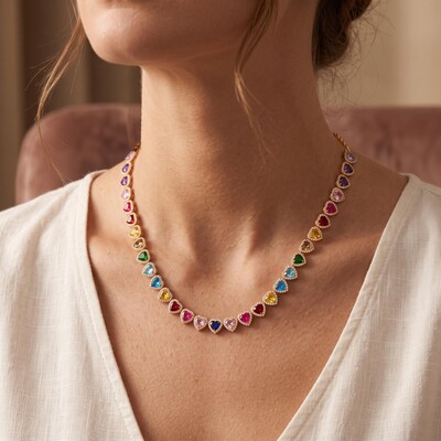 19.14 ct.tw. Rainbow Multi-Color Heart Cut Halo Tennis Necklace
