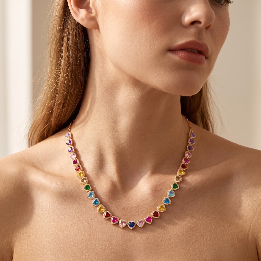 19.14 ct.tw. Rainbow Multi-Color Heart Cut Halo Tennis Necklace 19.14 ct.tw. Rainbow Multi-Color Heart Cut Halo Tennis Necklace