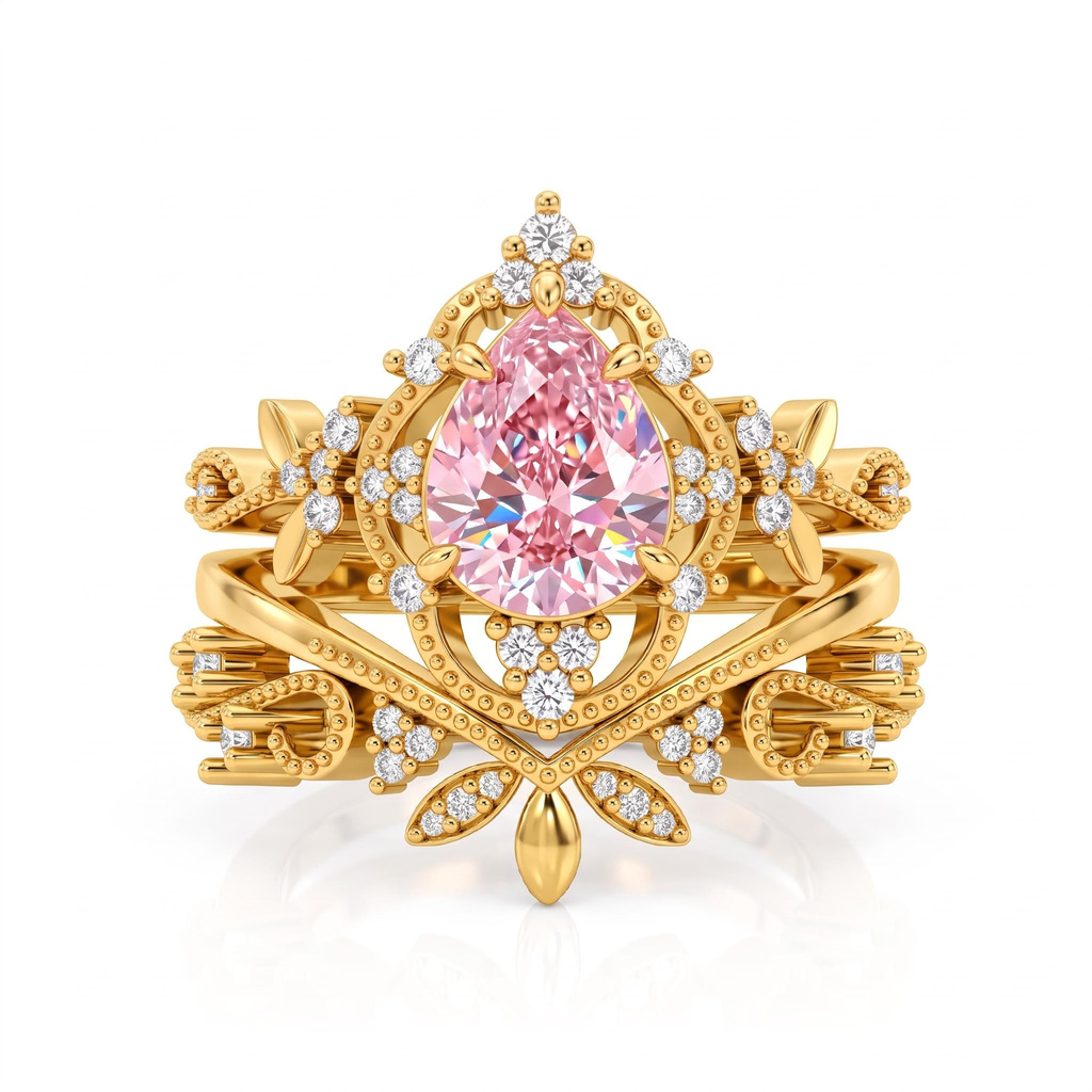 2.12ct.tw. Vintage Pear-Shaped Pink Diamond Ring with Floral Openwork Carvings