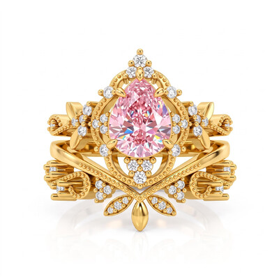 2.12ct.tw. Vintage Pear-Shaped Pink Diamond Ring with Floral Openwork Carvings