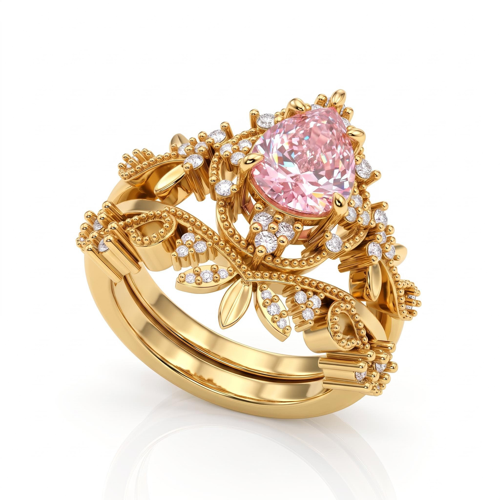 2.12ct.tw. Vintage Pear-Shaped Pink Diamond Ring with Floral Openwork Carvings