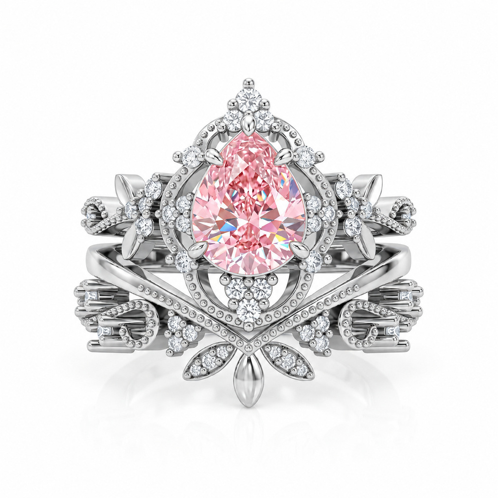 2.12ct.tw. Vintage Pear-Shaped Pink Diamond Ring with Floral Openwork Carvings