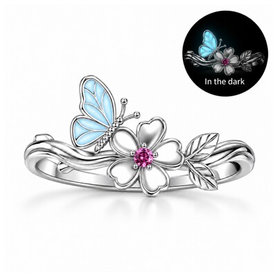 Nature-inspired Glow-in-the-Dark Butterfly Floral Birthstone Fashion Ring