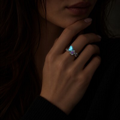 Nature-inspired Glow-in-the-Dark Butterfly Floral Birthstone Fashion Ring