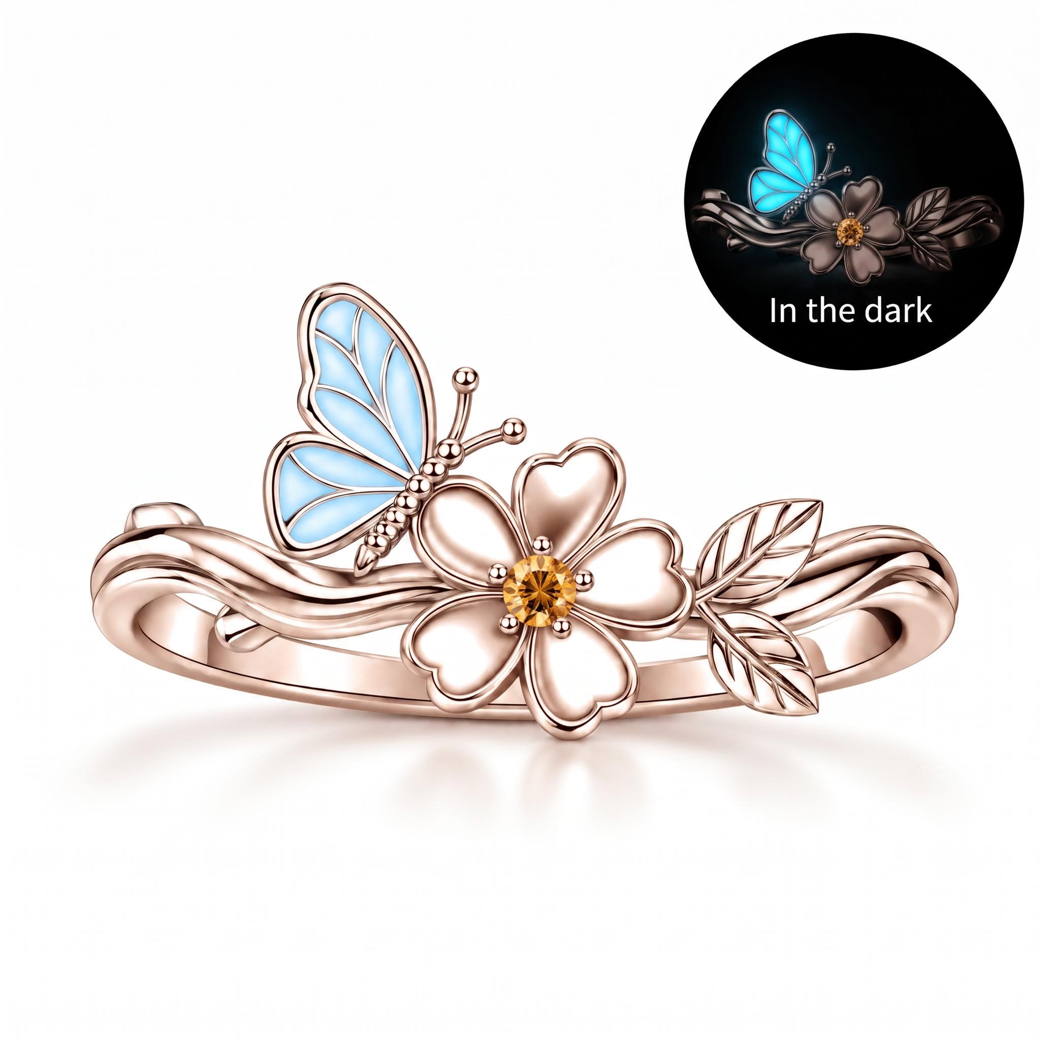 Nature-inspired Glow-in-the-Dark Butterfly Floral Birthstone Fashion Ring Nature-inspired Glow-in-the-Dark Butterfly Floral Birthstone Fashion Ring
