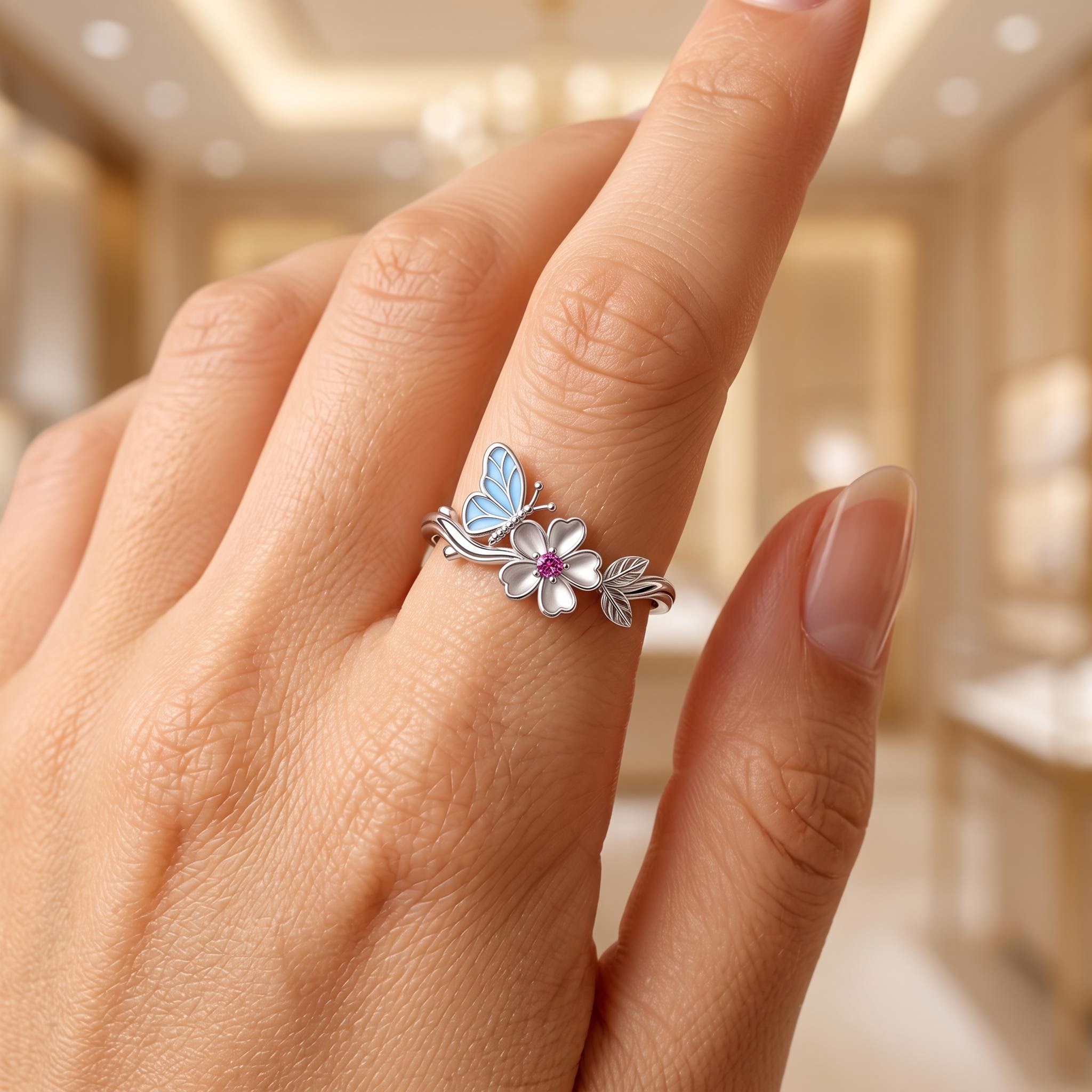 Nature-inspired Glow-in-the-Dark Butterfly Floral Birthstone Fashion Ring Nature-inspired Glow-in-the-Dark Butterfly Floral Birthstone Fashion Ring