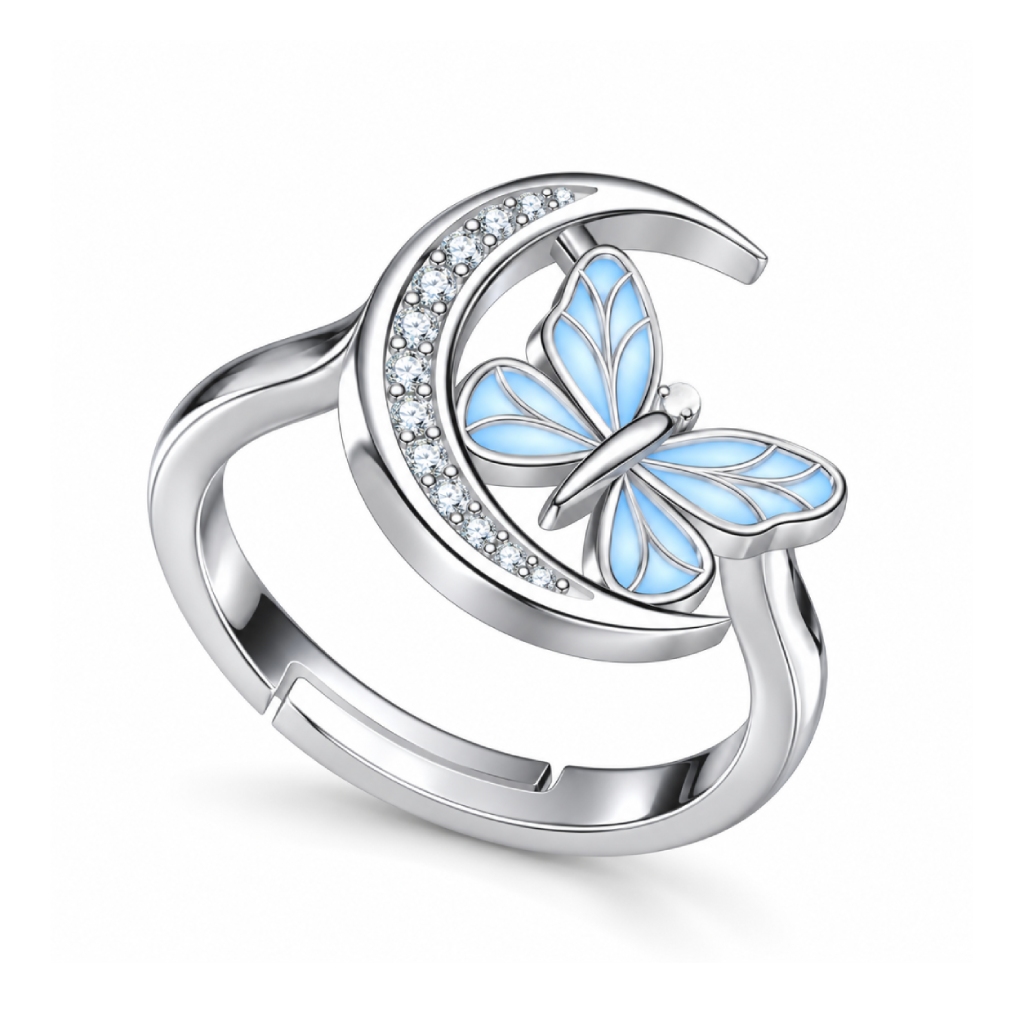 Blue Glow-in-the-dark Butterfly Pave Crescent Moon Open Size Fashion Ring Blue Glow-in-the-dark Butterfly Pave Crescent Moon Open Size Fashion Ring