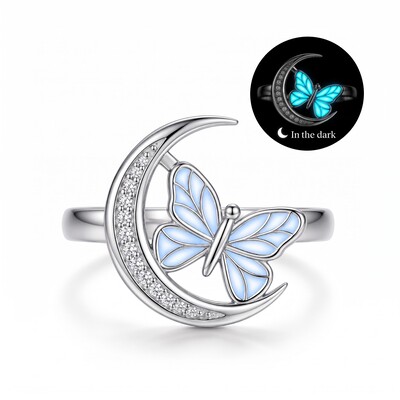 Blue Glow-in-the-dark Butterfly Pave Crescent Moon Open Size Fashion Ring