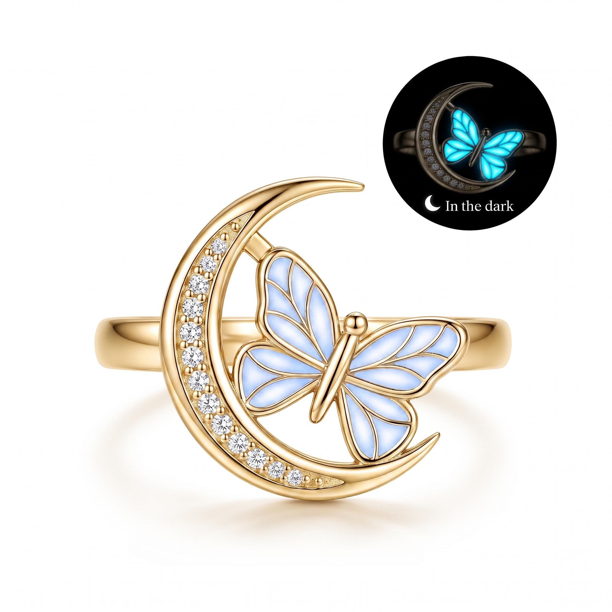 Blue Glow-in-the-dark Butterfly Pave Crescent Moon Open Size Fashion Ring Blue Glow-in-the-dark Butterfly Pave Crescent Moon Open Size Fashion Ring