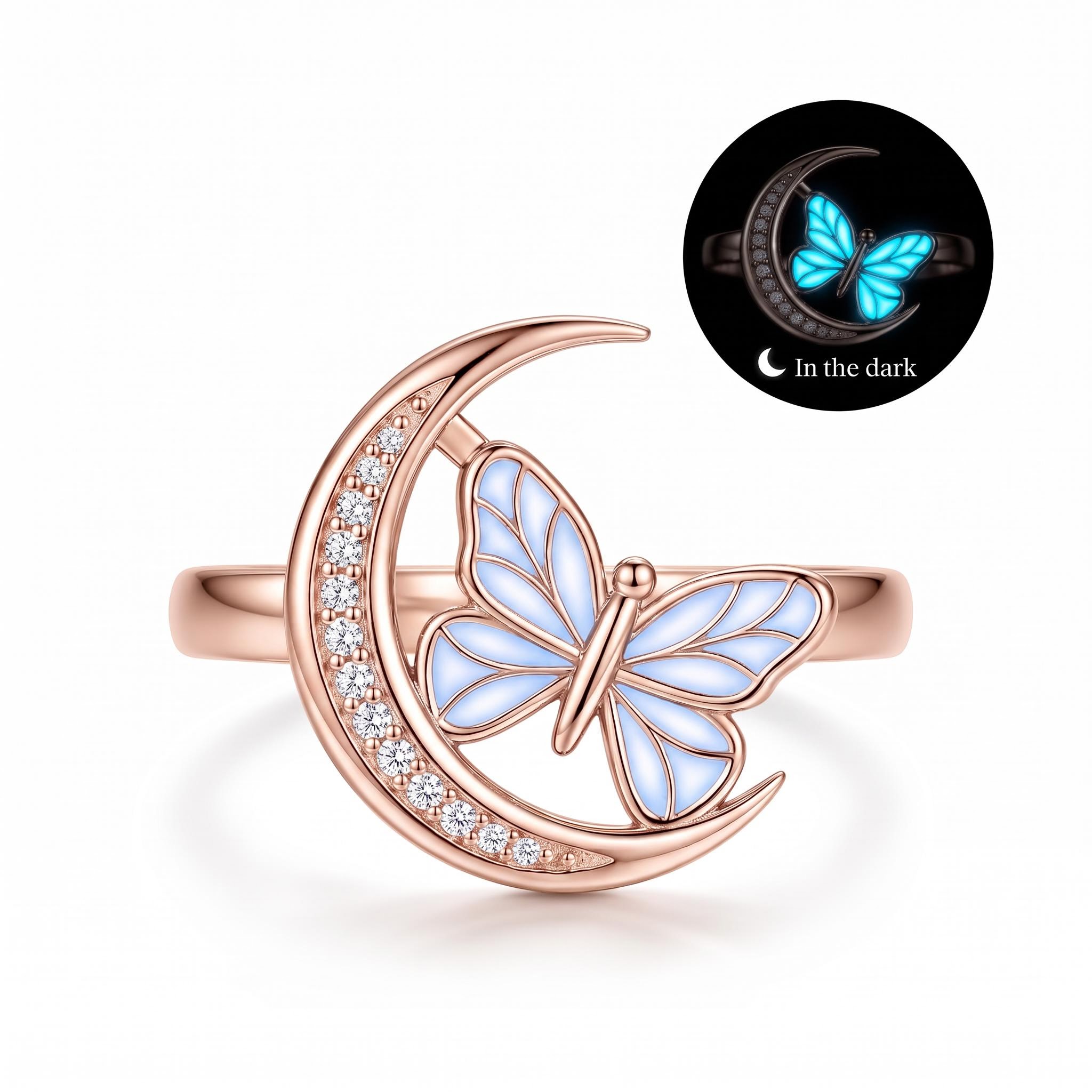 Blue Glow-in-the-dark Butterfly Pave Crescent Moon Open Size Fashion Ring Blue Glow-in-the-dark Butterfly Pave Crescent Moon Open Size Fashion Ring