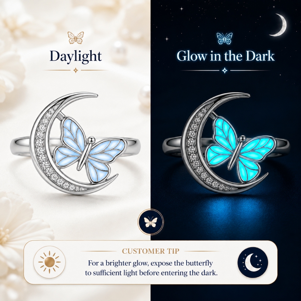 Blue Glow-in-the-dark Butterfly Pave Crescent Moon Open Size Fashion Ring Blue Glow-in-the-dark Butterfly Pave Crescent Moon Open Size Fashion Ring