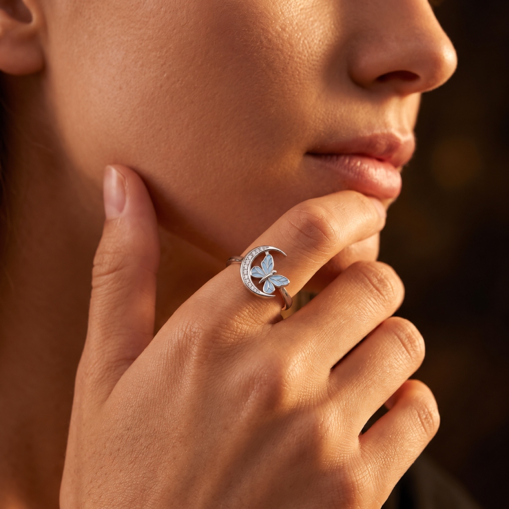 Blue Glow-in-the-dark Butterfly Pave Crescent Moon Open Size Fashion Ring Blue Glow-in-the-dark Butterfly Pave Crescent Moon Open Size Fashion Ring