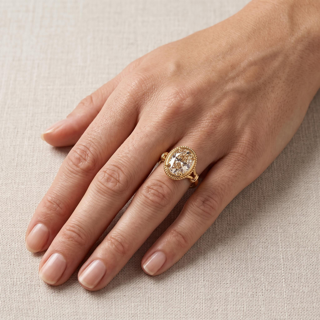 8ct.tw. Vintage Beaded Oval Champagne Gemstone Rope-Twist Ring